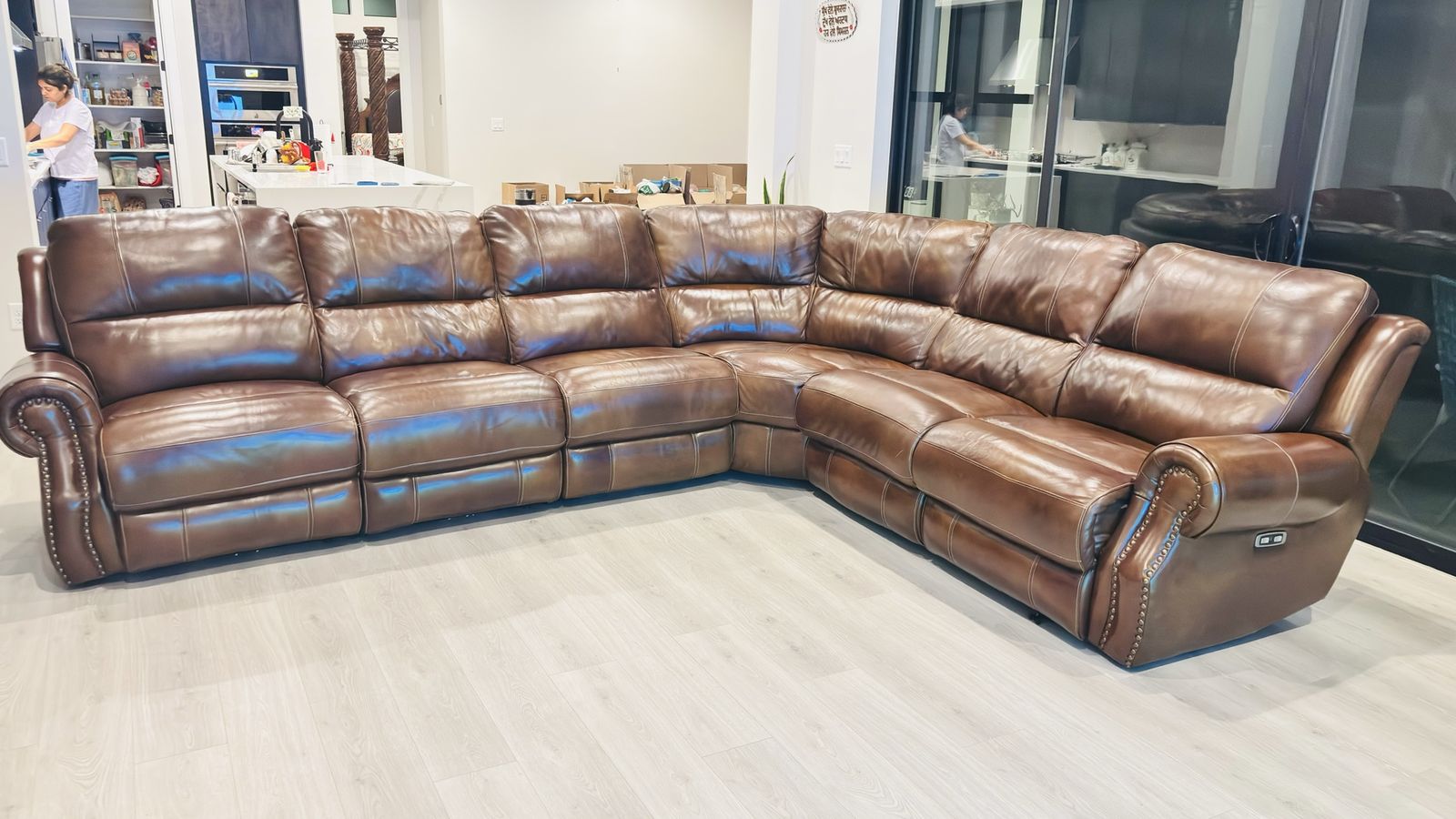 Brown Leather Reclining Sectional Sofa with Nailhead Trim - Modern L-Shape Couch
