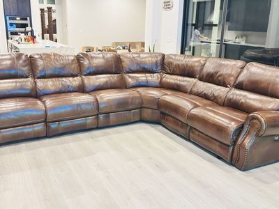 Brown Leather Reclining Sectional Sofa with Nailhead Trim - Modern L-Shape Couch