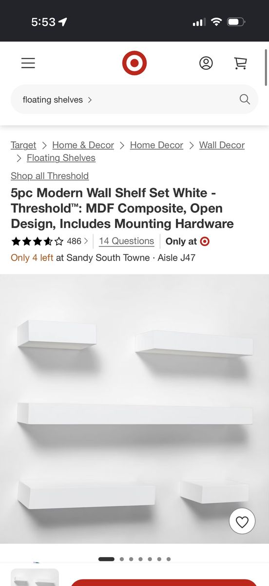 Threshold 5-Piece Modern Floating Wall Shelf Set White MDF Composite