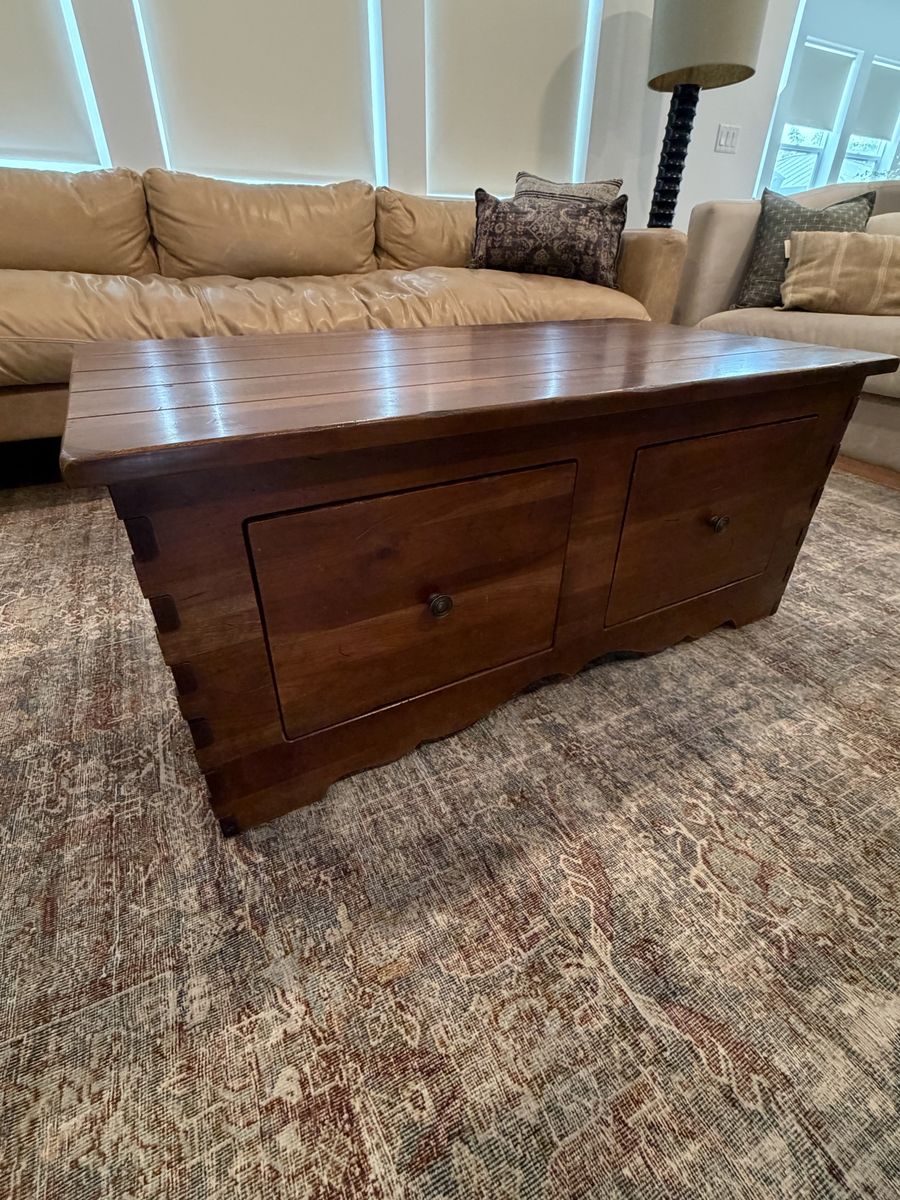Vintage wood coffee table with inset drawer storage