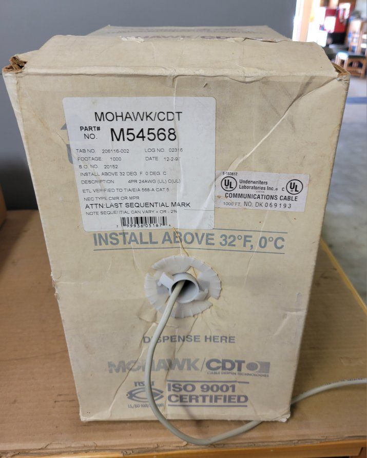 Mohawk CDT M54568 Cat5 24AWG 4-Pair Communications Cable Box 1000ft (Partial Roll)