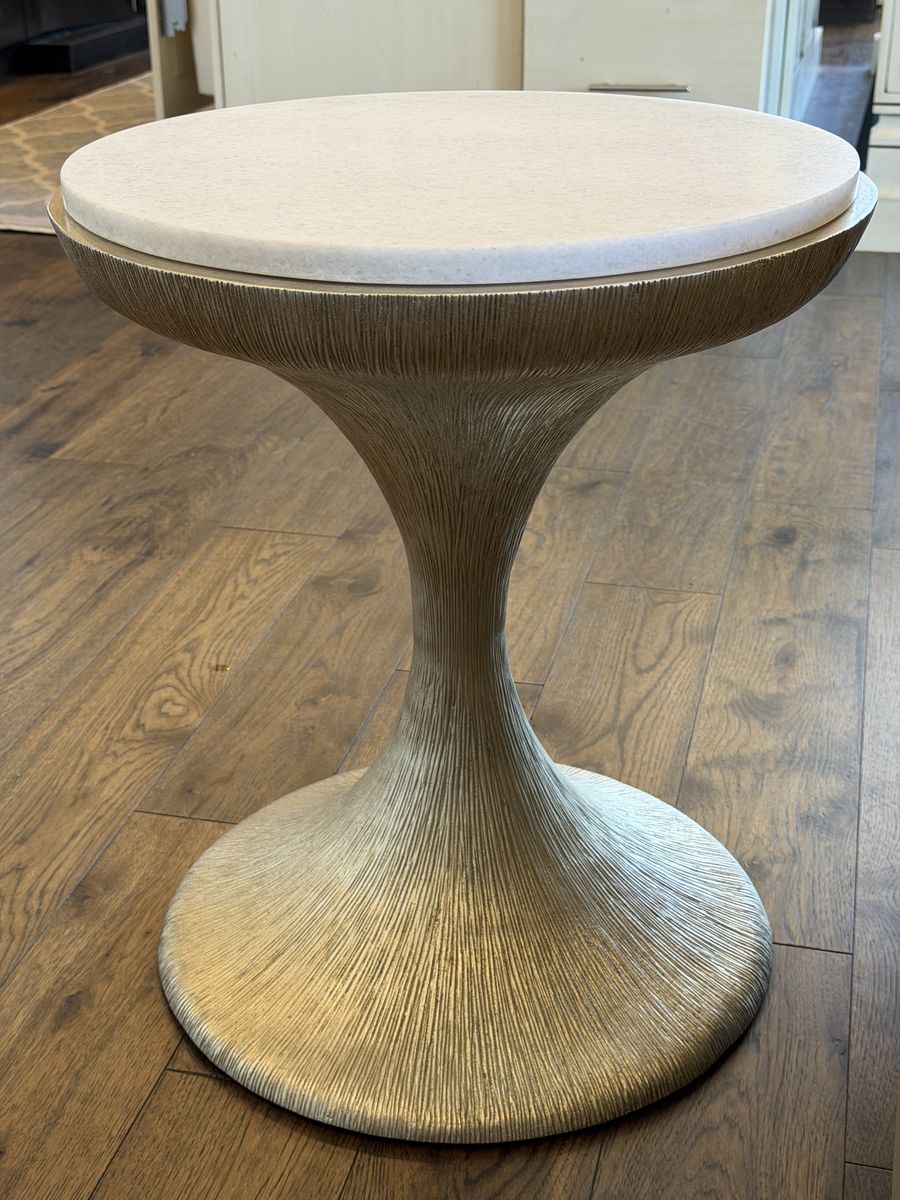Modern Gold Pedestal Accent Table with Marble Top 20" in diameter.