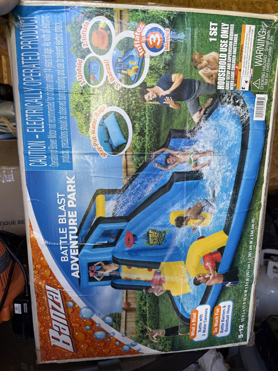 Banzai Battle Blast Adventure Park Inflatable Water Slide with Cannons & Basketball Hoop