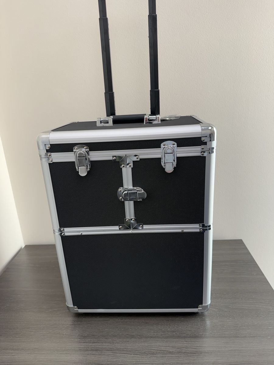 Professional Rolling Makeup Case Cosmetic Train Box Trolley w/ Hand, Black