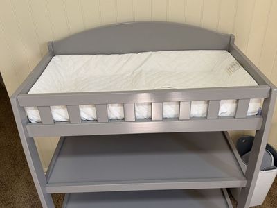 Gray Wooden Baby Changing Table with Storage Shelves and Changing Pad