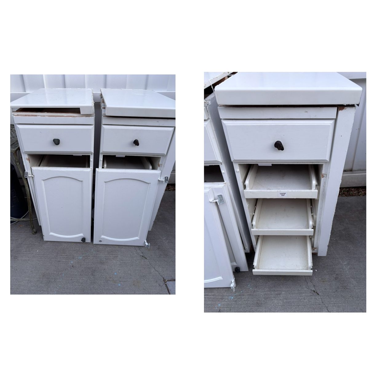 Base cabinets with pull out storage drawers. Read description