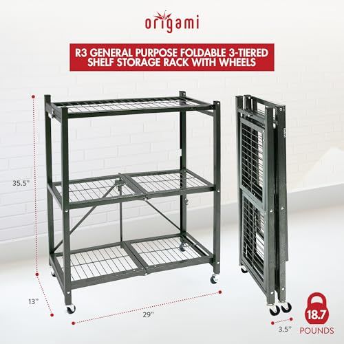 Origami R3 General Purpose Foldable 3-Tiered Shelf Storage Rack & Wheels