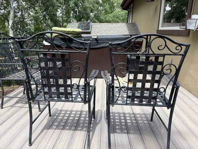 4 solid sturdy Wrought Iron Patio Chairs - Black Scroll Design- selling as a set-