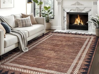 8’ x 10’ Bohemian Style Low Pile Area Rug, Foldable, Easy to Clean, Brown Pattern, Home Decor