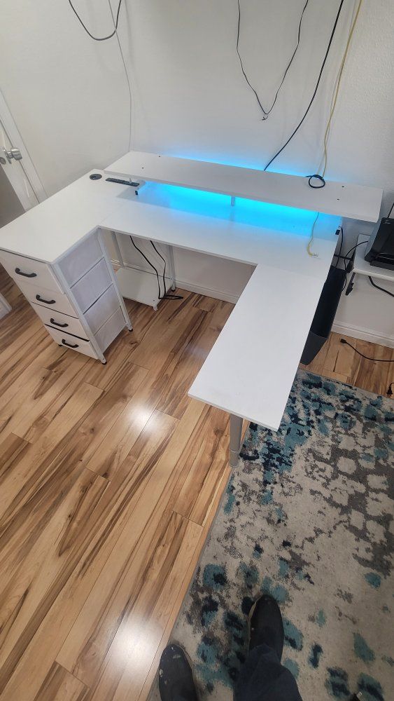 White L-Shaped Corner Gaming Desk with RGB LED Lights & 4-Drawer Fabric Storage Unit