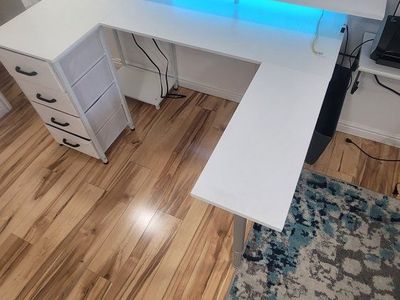 White L-Shaped Corner Gaming Desk with RGB LED Lights & 4-Drawer Fabric Storage Unit