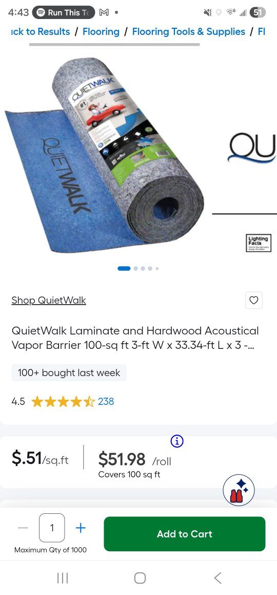 Quietwalk floor insulation 100 sq feet