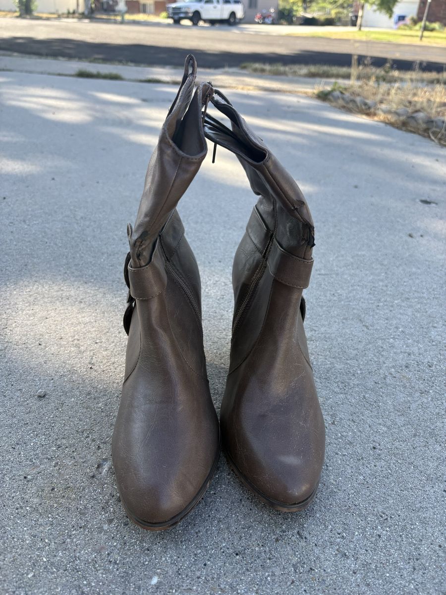 Women's Brown Faux Leather Ankle Boots, Size 8 - Buckle Detail, 3-3.5" Heel