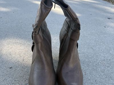 Women's Brown Faux Leather Ankle Boots, Size 8 - Buckle Detail, 3-3.5" Heel