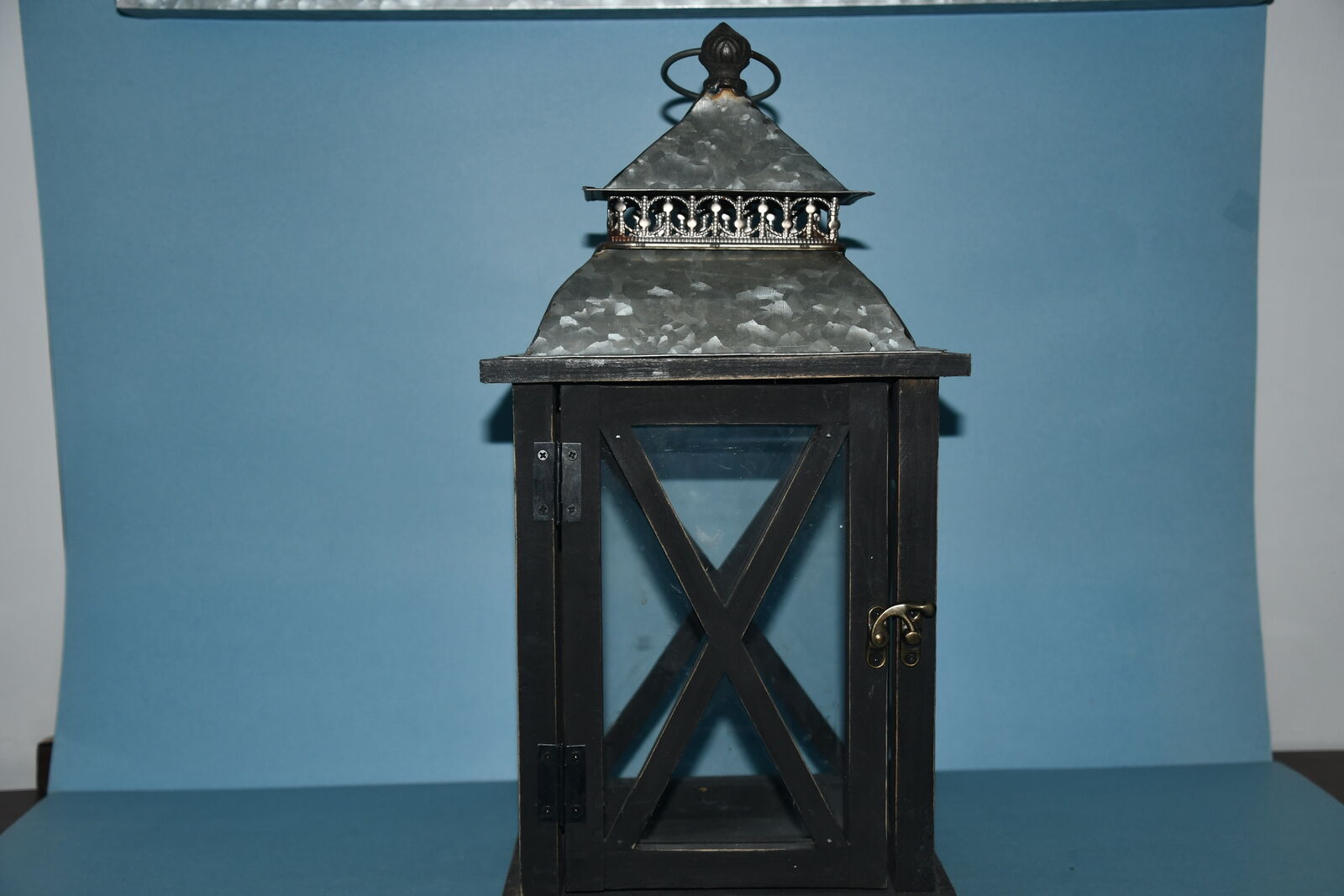 LARGE 16" WOOD, GALVANIZED METAL & GLASS LANTERN ~ VERY NICE!