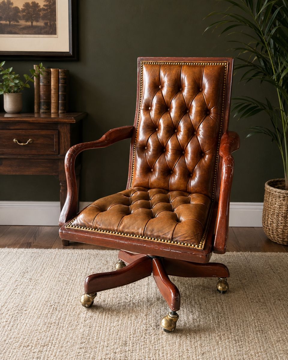 Authentic Hancock & Moore Vintage Tufted Leather Swivel Executive Desk Chair