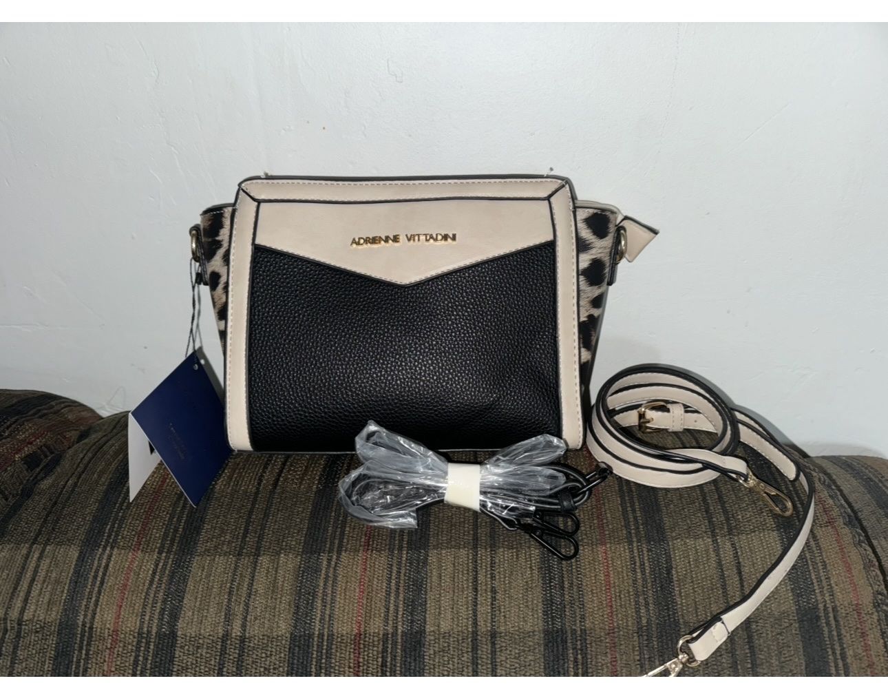 Adrienne Vittadini Animal Print Crossbody Bag - Black & Beige with Gold Accents