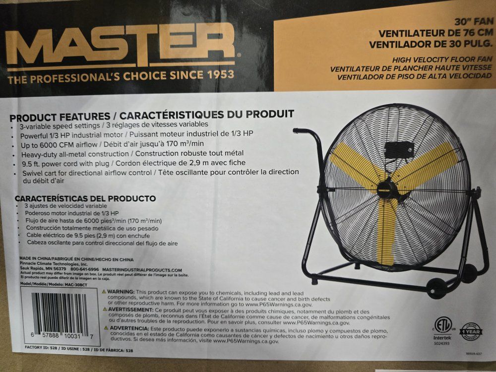 Master MAC-30BF 30" Industrial High Velocity Floor Fan 1/3 HP Motor, 6000 CFM