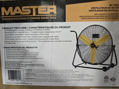 Master MAC-30BF 30" Industrial High Velocity Floor Fan 1/3 HP Motor, 6000 CFM