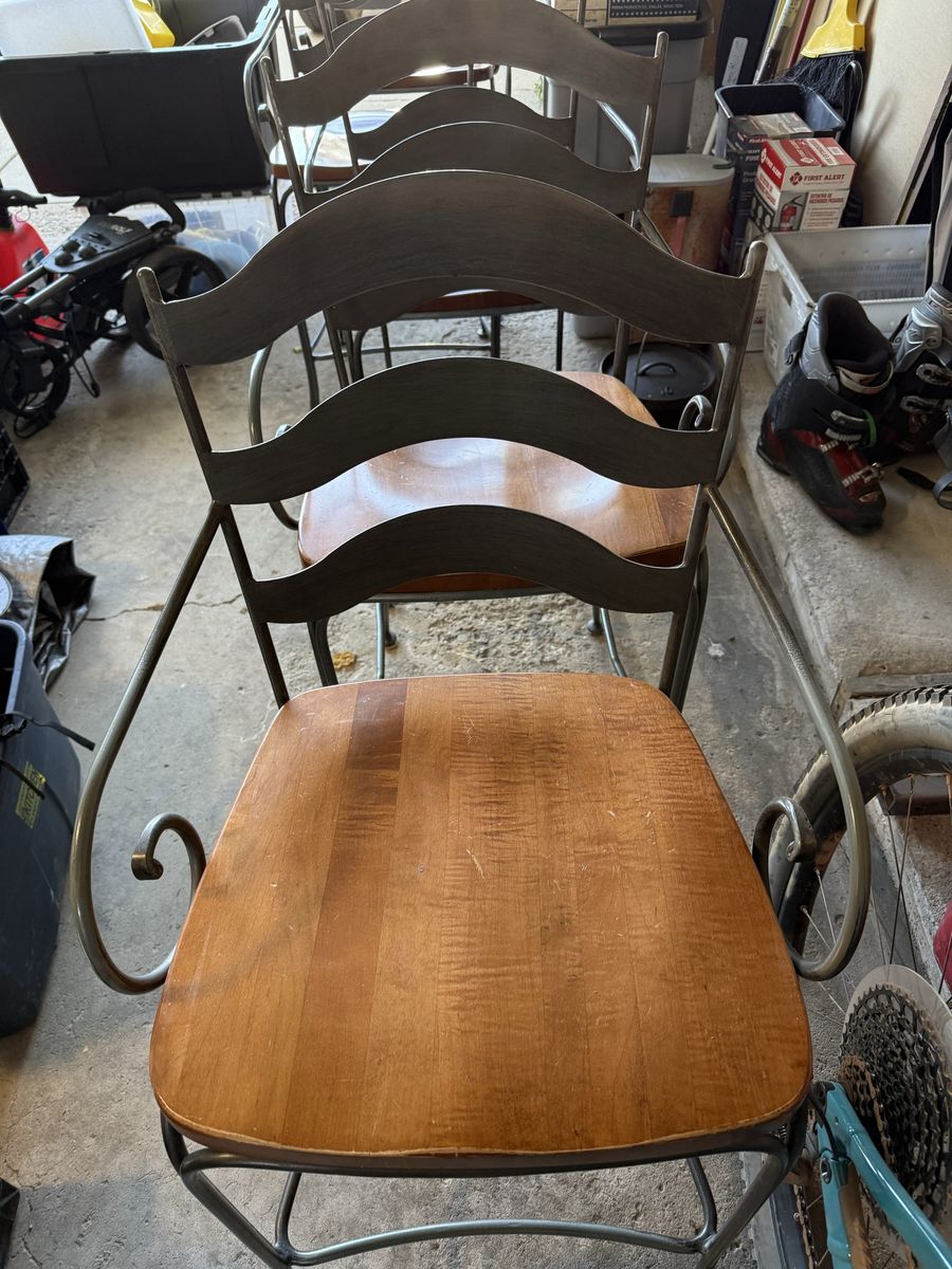 Set of Ethan Allen Metal and Wood Barstools with Scroll Armrests
