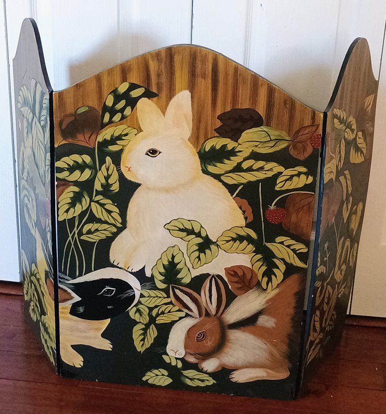 Vintage Hand-Painted Wooden Fireplace Screen with Bunny Rabbit & Strawberry Design