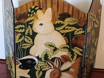 Vintage Hand-Painted Wooden Fireplace Screen with Bunny Rabbit & Strawberry Design
