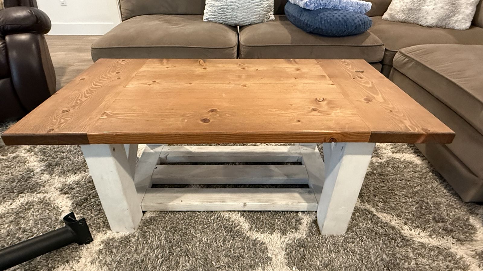 Handmade Farmhouse Style Coffee Table - Solid Wood Top & Distressed White Base