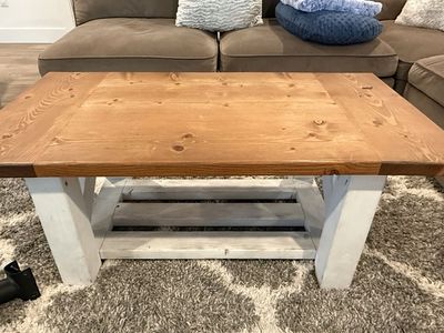Handmade Farmhouse Style Coffee Table - Solid Wood Top & Distressed White Base