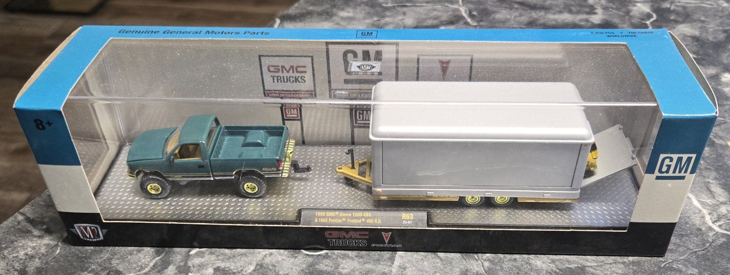 M2 Machines 1998 GMC Sierra 1500 4x4 & 1968 Pontiac Firebird 400 H.O. R63 Diecast Set CHASE