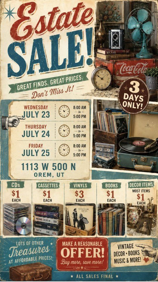 Estate Sale Filled with a Beautiful story,. Vitage items & special treasures !! 

sures !!