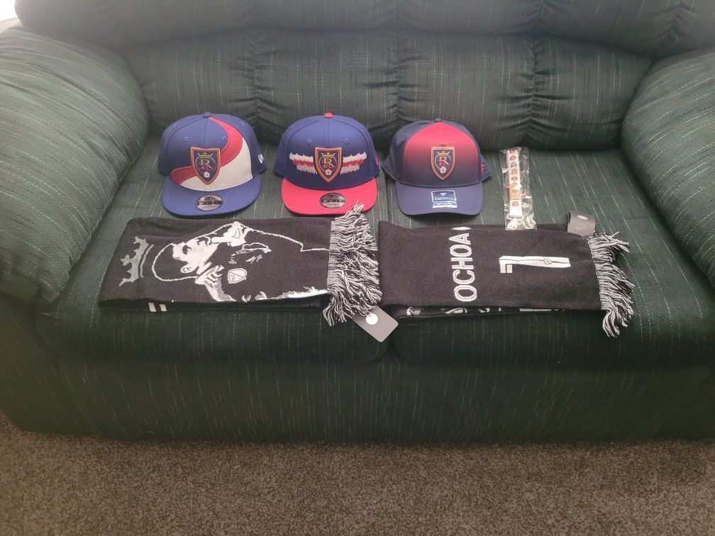 Real Salt Lake RSL Bundle: 3 New Hats, 2 Scarves (Ochoa #7), 1 Lanyarrd