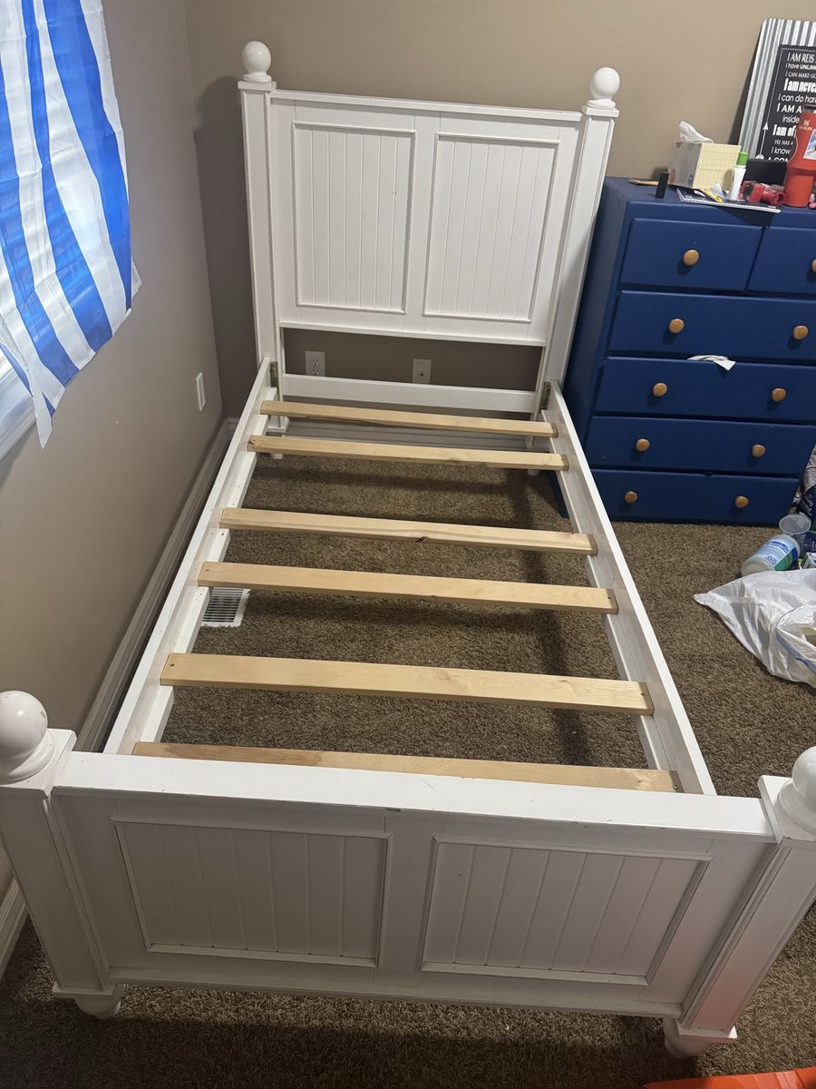 White Wood Twin Bed Frame with Headboard and Footboard, Slatted Base