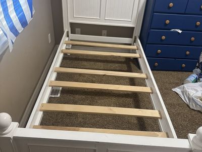 White Wood Twin Bed Frame with Headboard and Footboard, Slatted Base