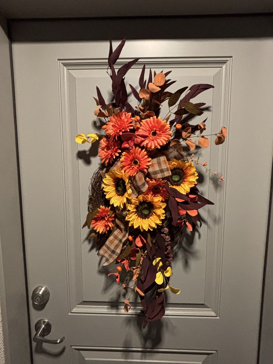 Handmade Autumn Wreath - Sunflowers & Gerbera Daisies with Plaid Bow, Fall Decor