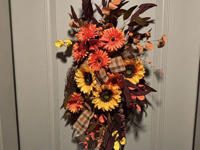 Handmade Autumn Wreath - Sunflowers & Gerbera Daisies with Plaid Bow, Fall Decor