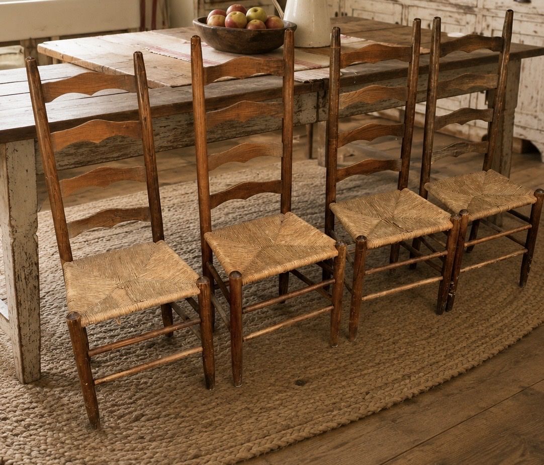 Set of 4 Vintage Ladder Back Rush Seat Dining Chairs - Rustic Wood Farmhouse Style