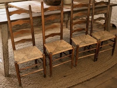 Set of 4 Vintage Ladder Back Rush Seat Dining Chairs - Rustic Wood Farmhouse Style