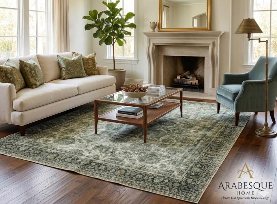 New 8x10 Machine Washable Rugs, Large Vintage Green Area Rug Indoor Accent Rug Floral
