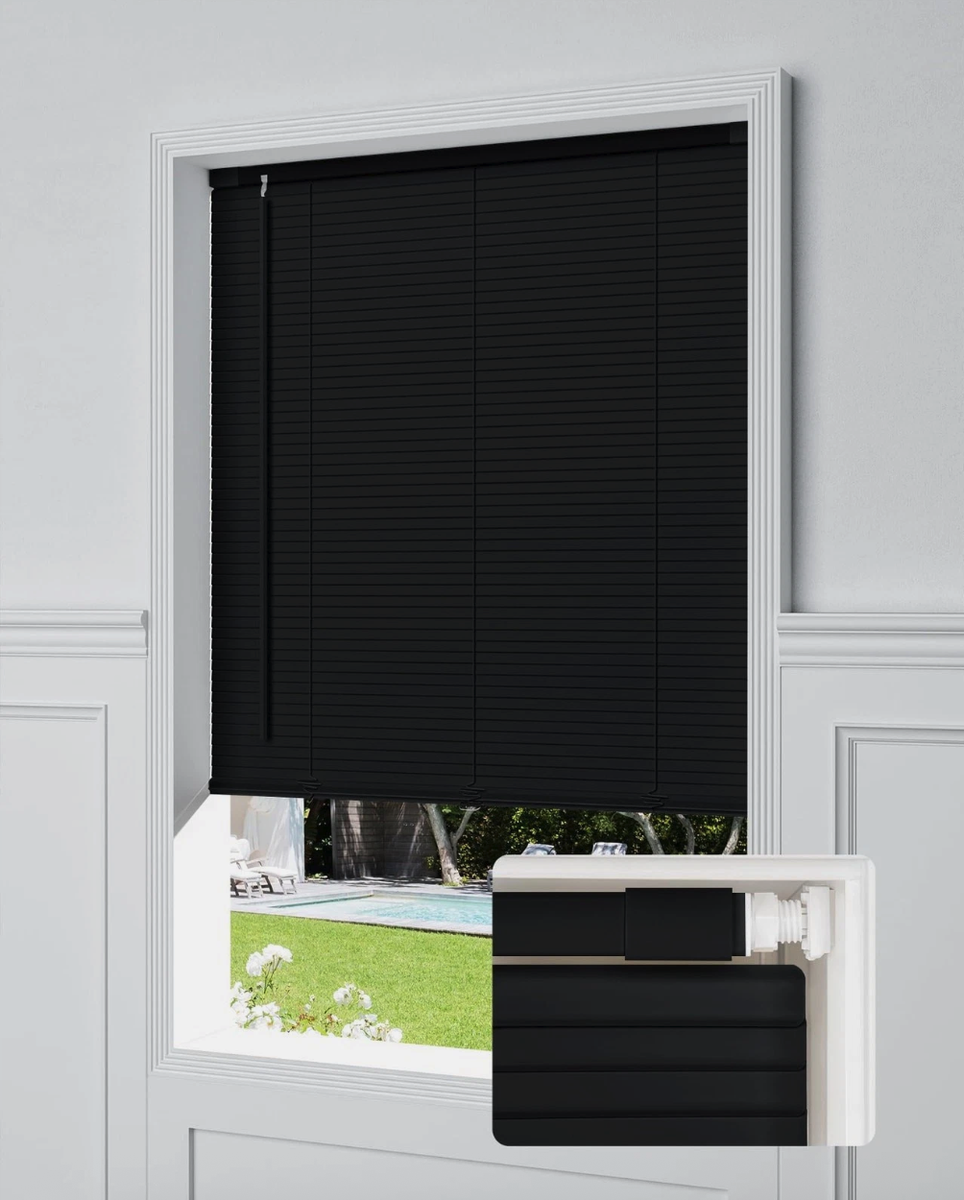 UNISHADES No Drill Cordless Mini Blinds 31" x 64" Black 1" Vinyl Privacy