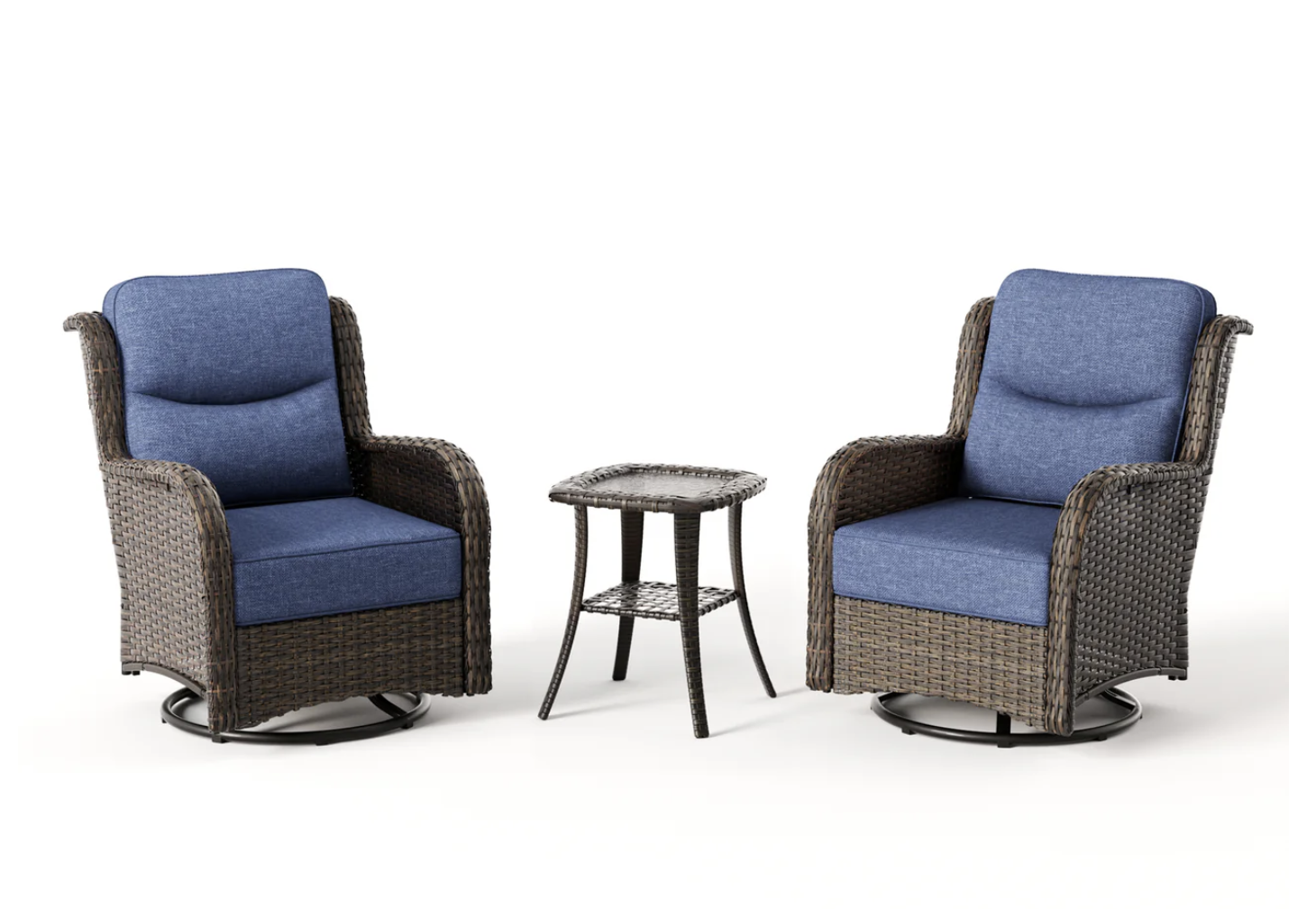 New in Box 3 Piece Outdoor Wicker 360° Swivel Conversation Set With Cushions & Side Table