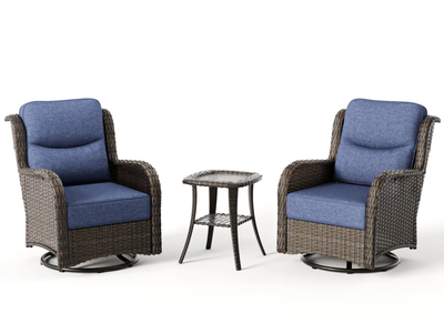 New in Box 3 Piece Outdoor Wicker 360° Swivel Conversation Set With Cushions & Side Table