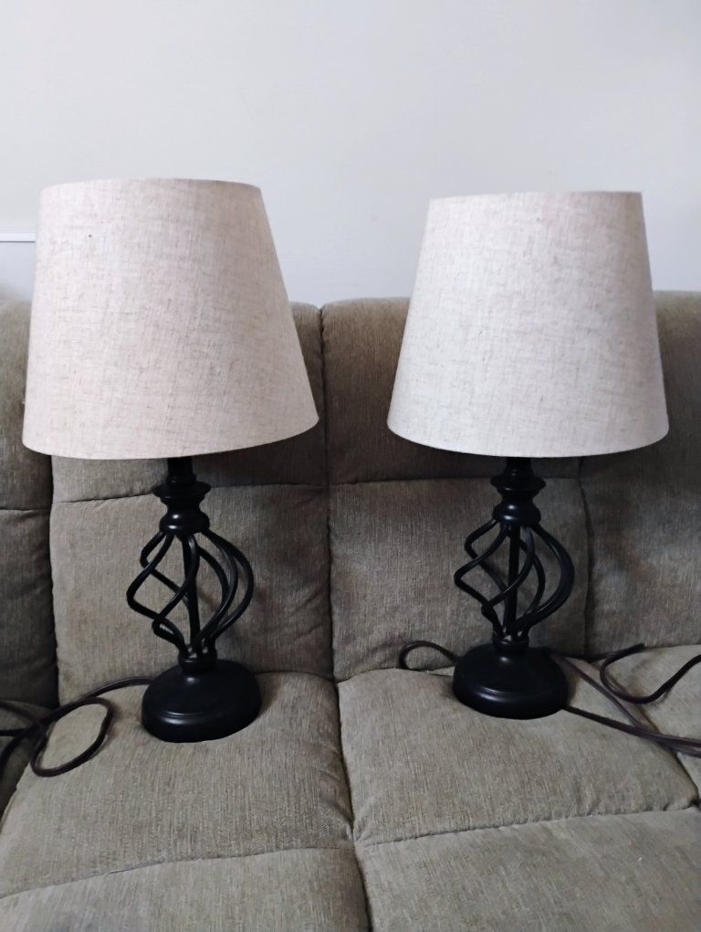 Pair of Black Metal Cage Base Table Lamps with Oatmeal Linen Shades - 22" Tall