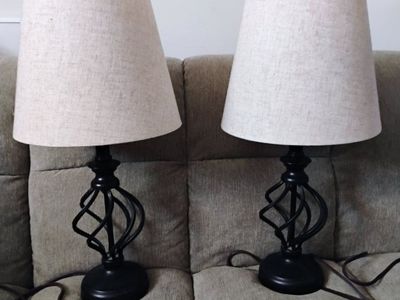 Pair of Black Metal Cage Base Table Lamps with Oatmeal Linen Shades - 22" Tall