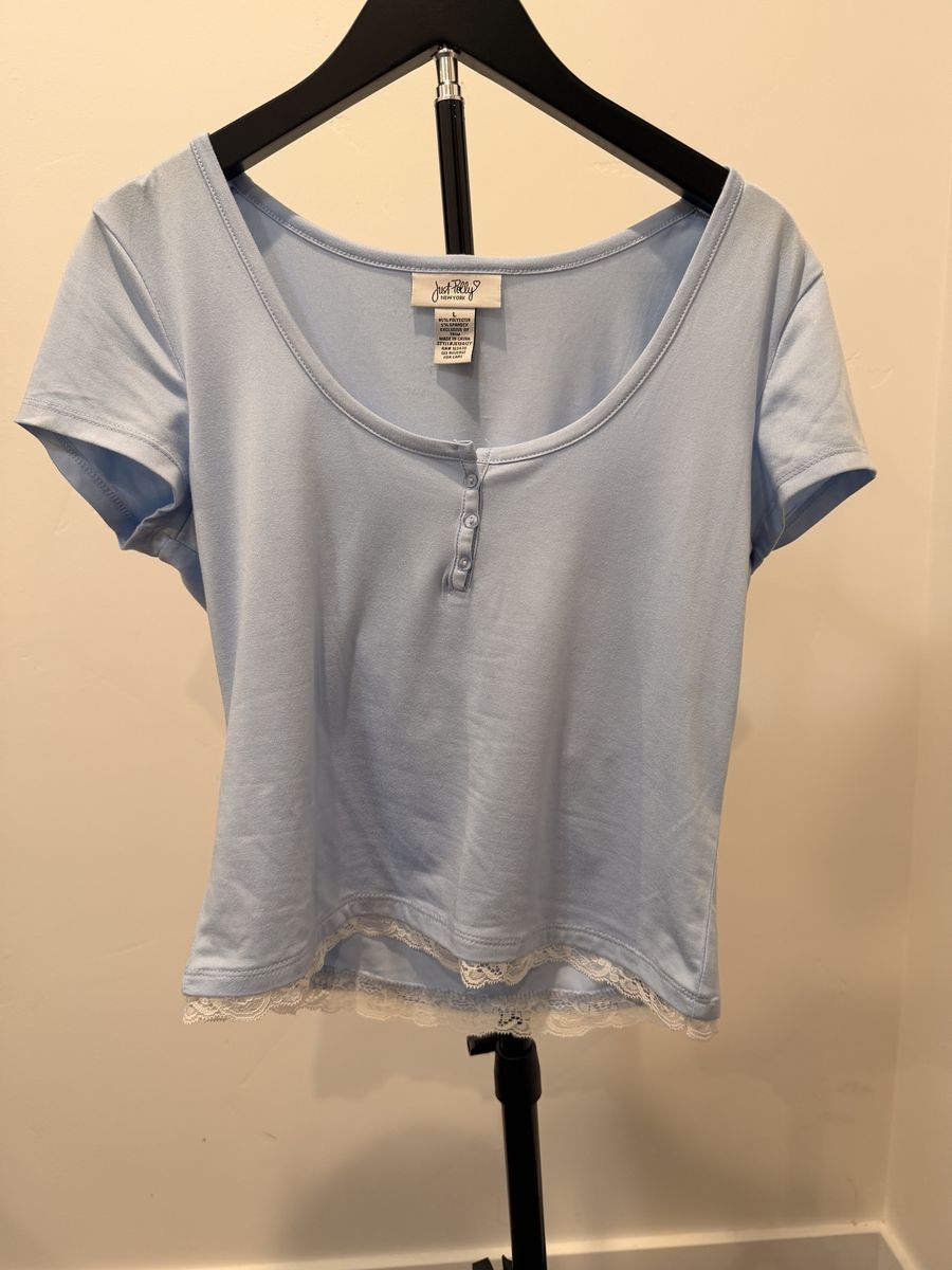 Just Polly New York Light Blue Short Sleeve Lace Trim Henley Top Size L