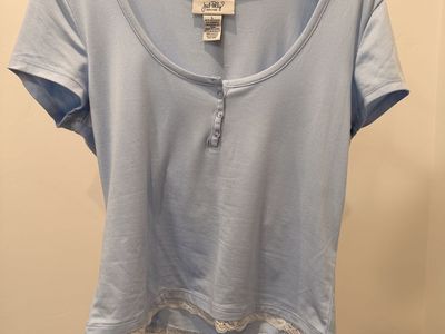 Just Polly New York Light Blue Short Sleeve Lace Trim Henley Top Size L
