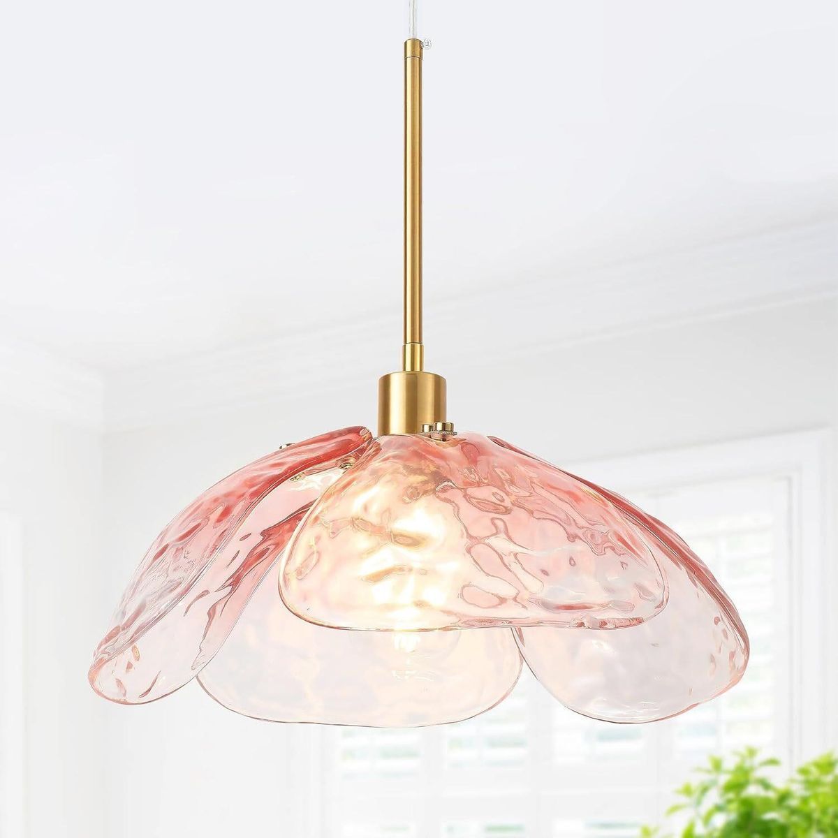 Pink Hammered Glass Flower Shade Pendant Lights 14'' Vintage Hanging Brass Fixtures