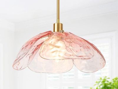 Pink Hammered Glass Flower Shade Pendant Lights 14'' Vintage Hanging Brass Fixtures
