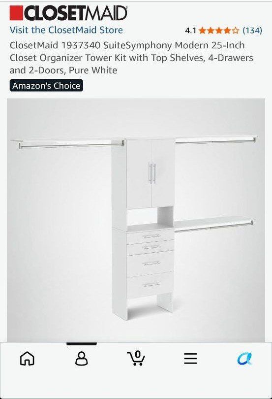 ClosetMaid SuiteSymphony 25" Modern Closet Organizer Kit, White - Top Shelves, 4 Drawers, 2 Doors