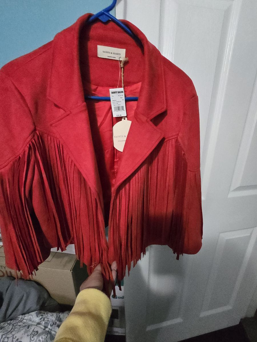 NWT Saints & Hearts Red Real Suede Fringe Jacket - Size L, Western Style