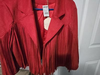 NWT Saints & Hearts Red Real Suede Fringe Jacket - Size L, Western Style